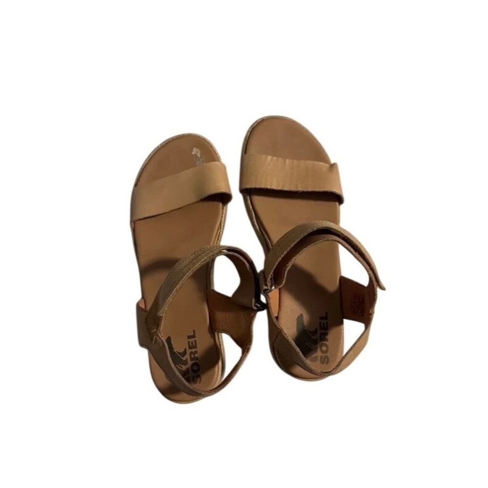 Sorel Roaming Buckle Slide Sandals Tan Leather Espadrille Platform Womens 8